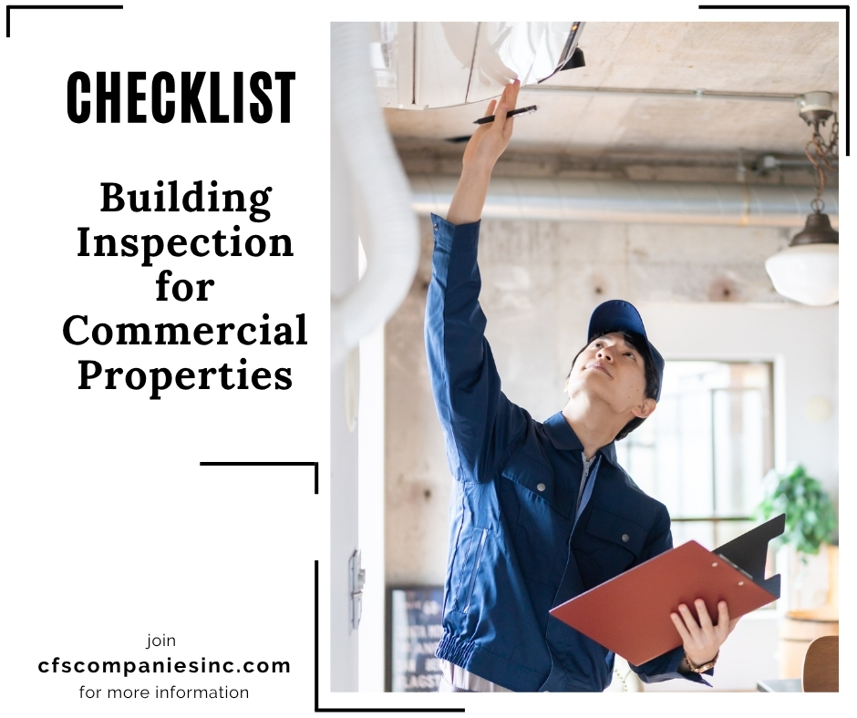 Building inspection checklist for commercial properties, CFS blog graphic with a professional reviewing notes, Read More call to action