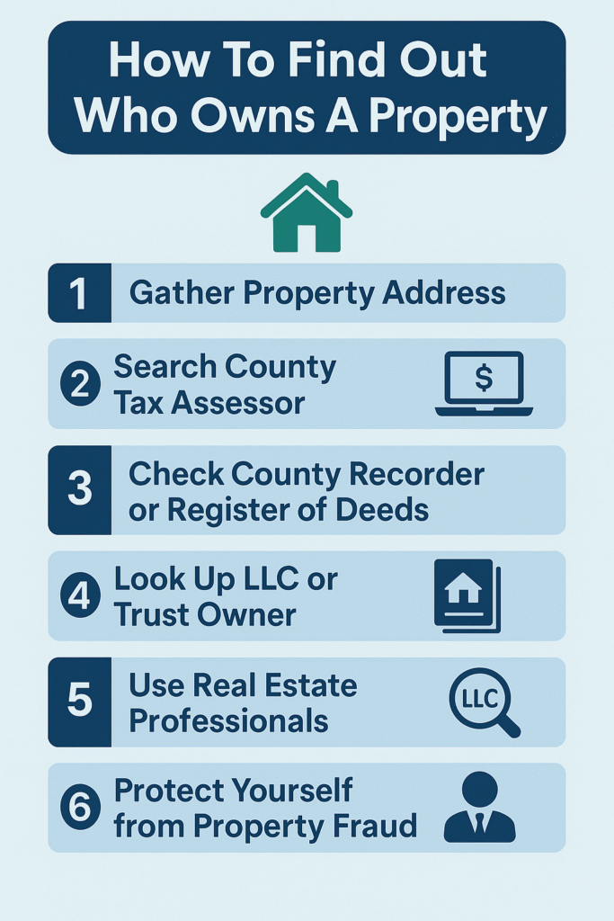 Vertical infographic explaining how to find out who owns a property, showing six numbered steps, gather property address, search county tax assessor, check county recorder or register of deeds, look up LLC or trust owner, use real estate professionals, and protect yourself from property fraud.
