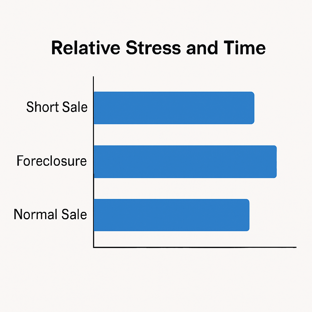 Bar chart explaining what is a short sale in real estate by comparing relative stress and time for short sale, foreclosure, and normal sale.