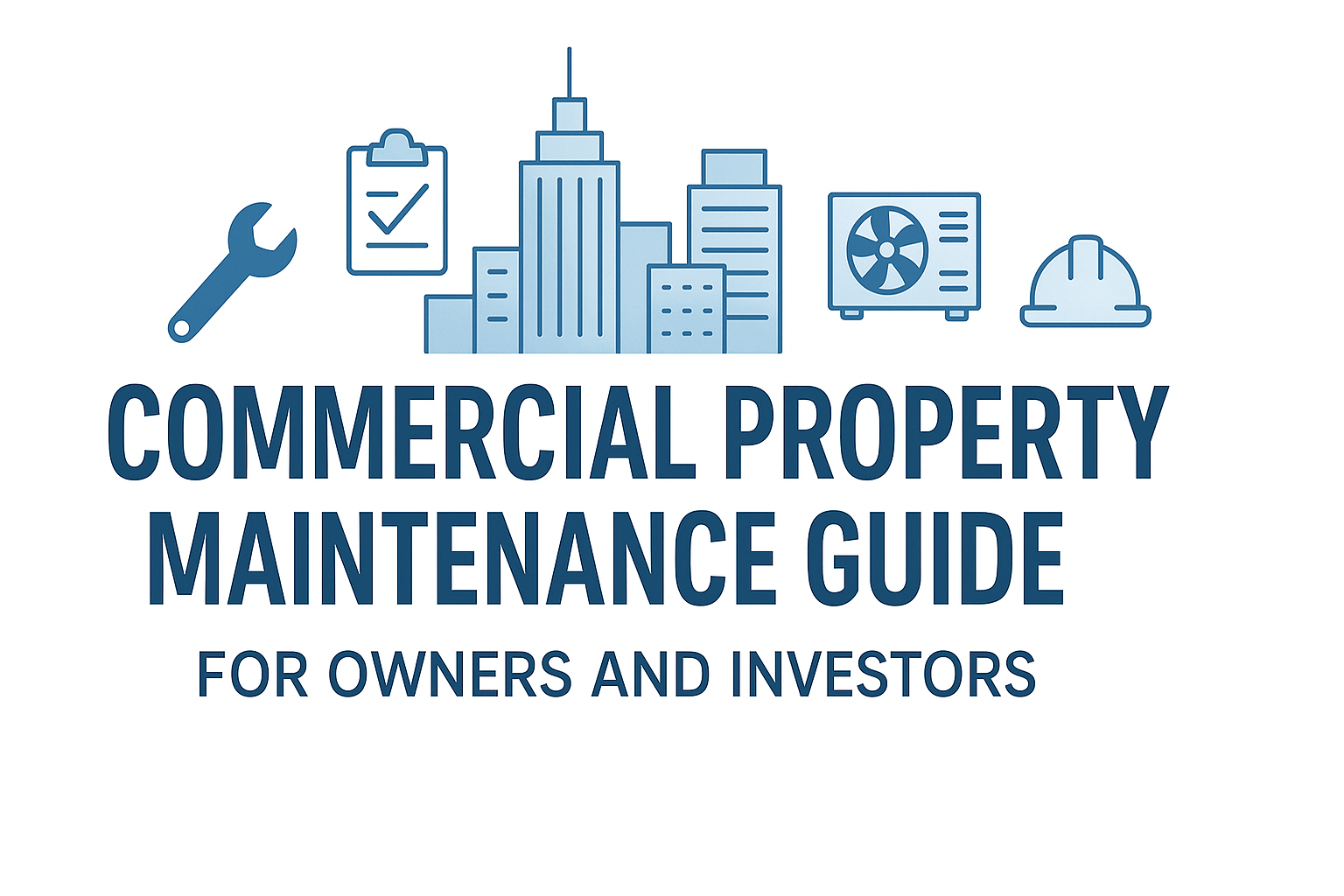 Commercial property maintenance guide cover, skyline, icons