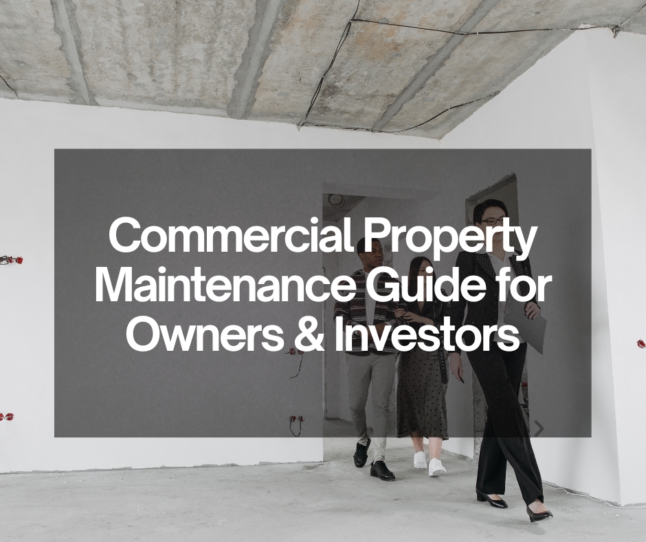 Commercial property maintenance walkthrough, managers inspect an unfinished interior with exposed ceiling and wiring, blog cover for owners and investors.