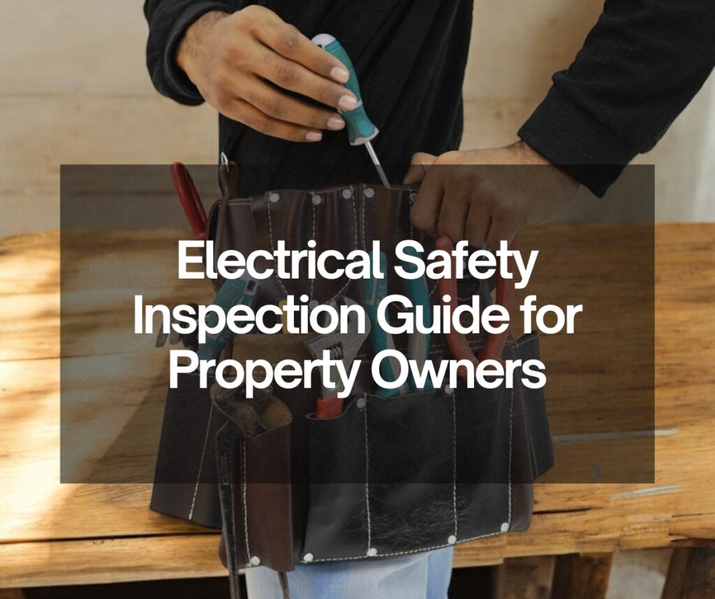 Electrical safety inspection, technician with tool belt holding a screwdriver, workshop background