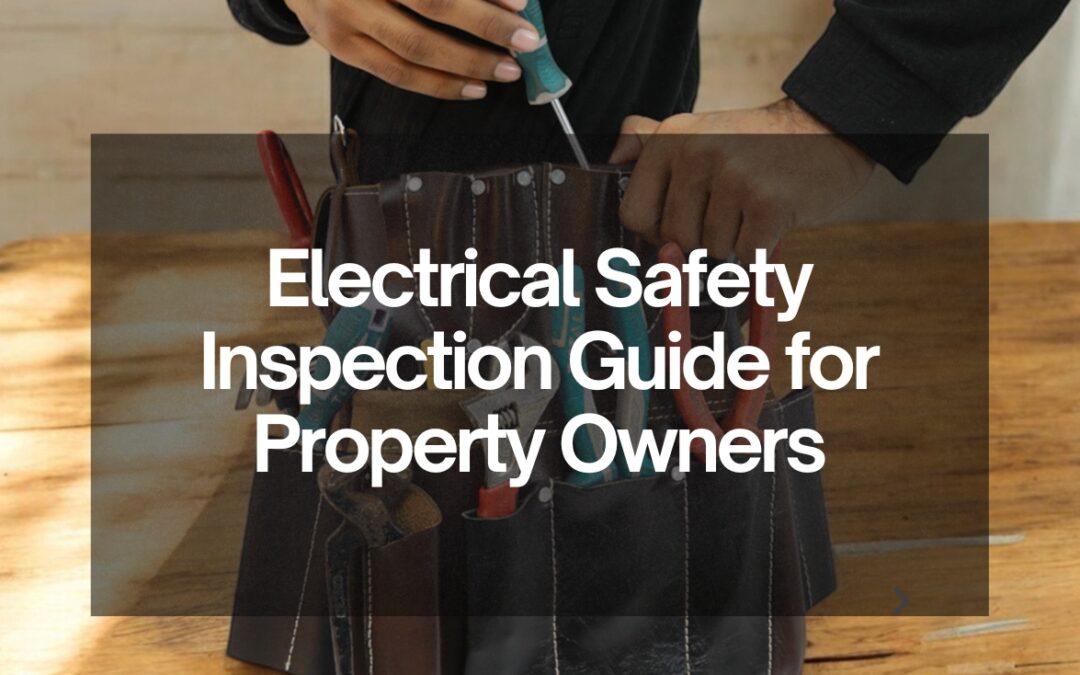 Electrical safety inspection, technician with tool belt holding a screwdriver, workshop background