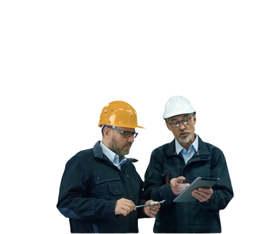 Maintenance and Repairs Coordination: Two workers discussing and reviewing tasks on a tablet at a construction site