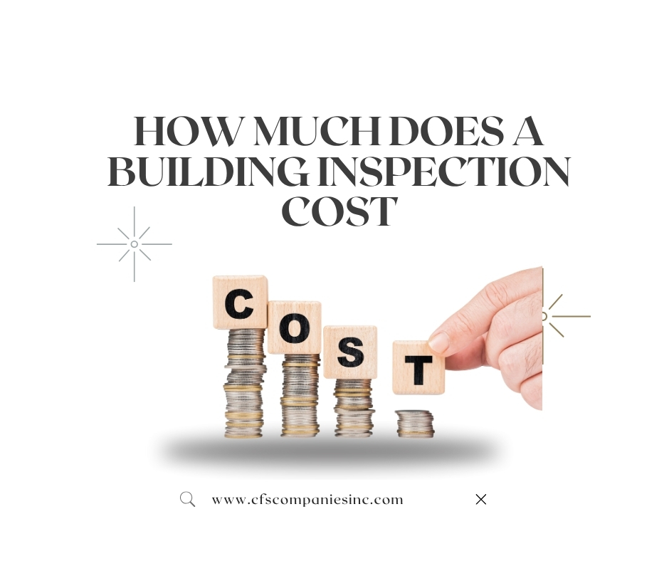 Building inspection cost concept with stacked coins and wooden blocks spelling COST, hand placing final block.